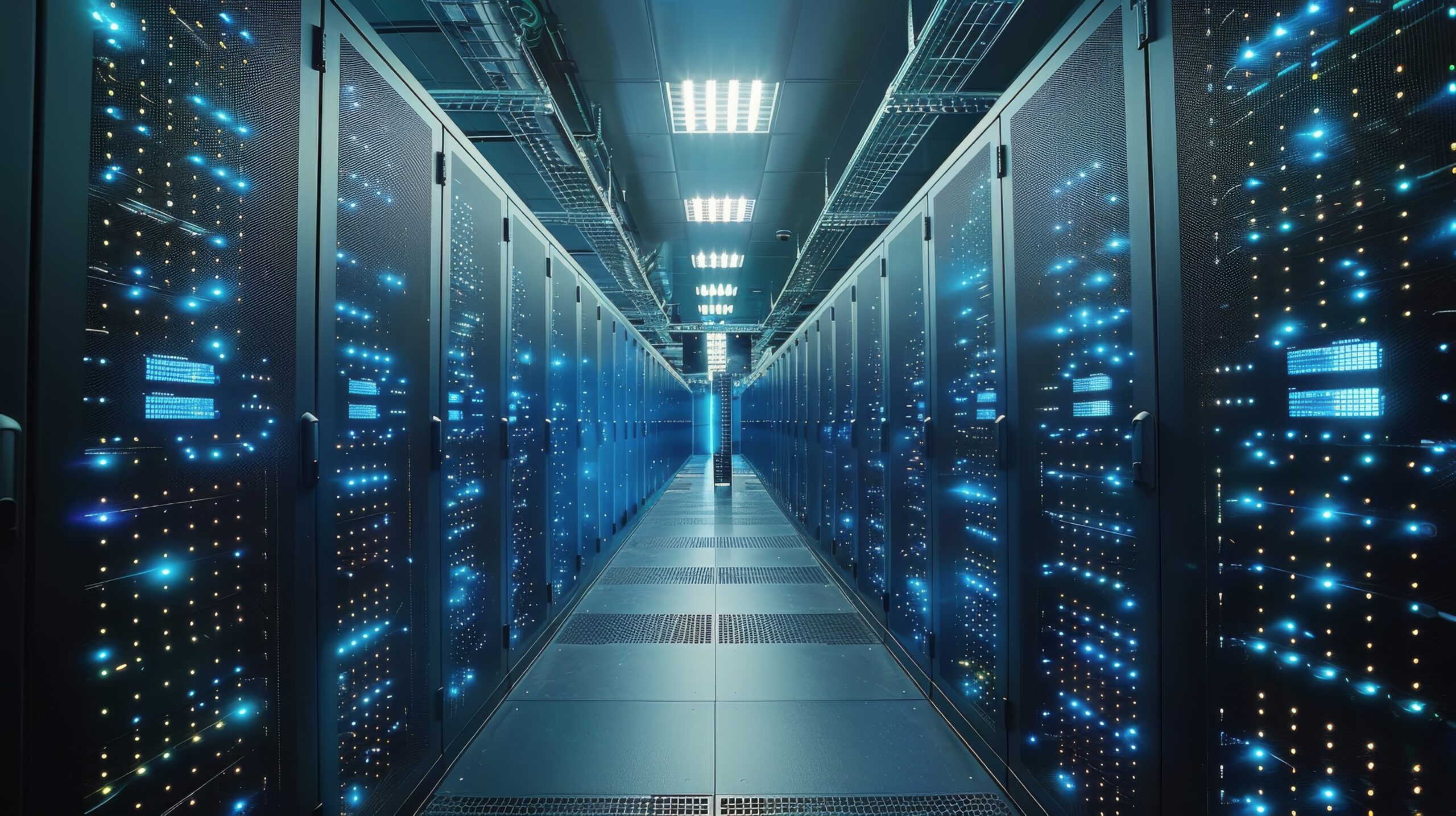 Rows of Servers in Data Center With Blue Lights