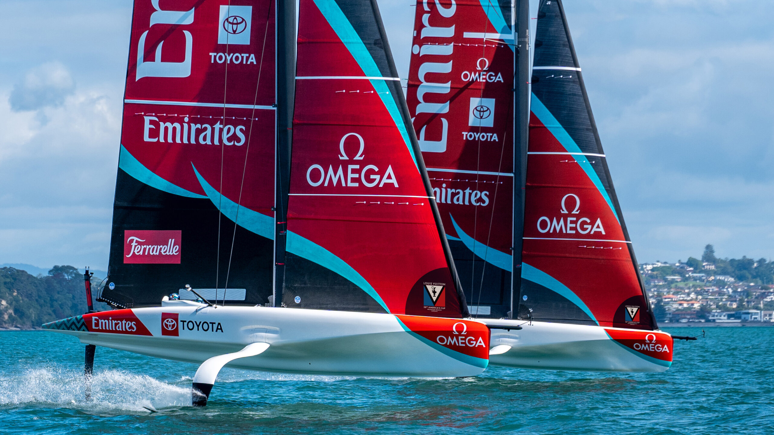Emirates Team New Zealand sail their AC40 in Auckland.