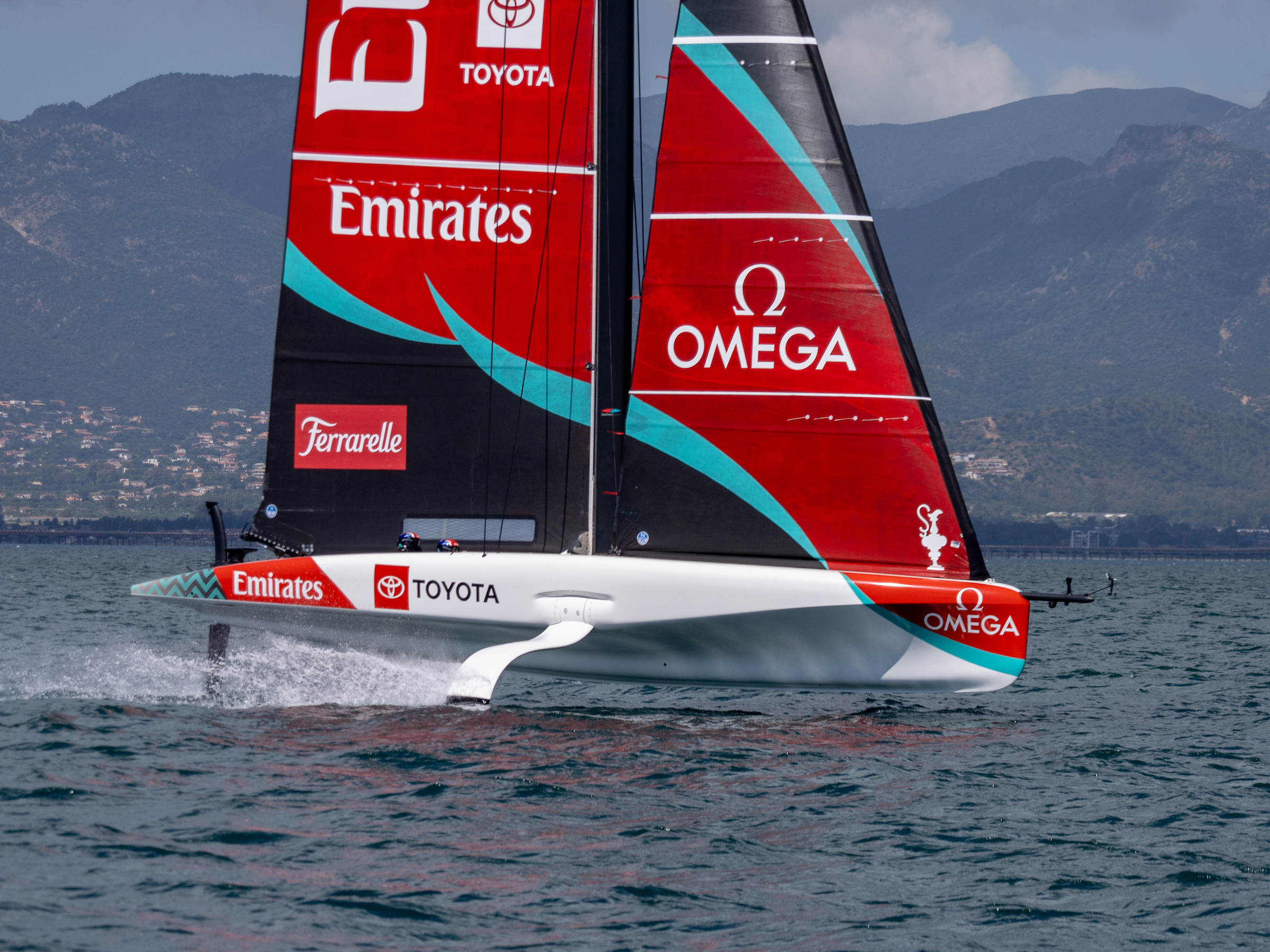 Emirates Team New Zealand sail their AC40’s in Cagliari in preparation to the first preliminary regatta