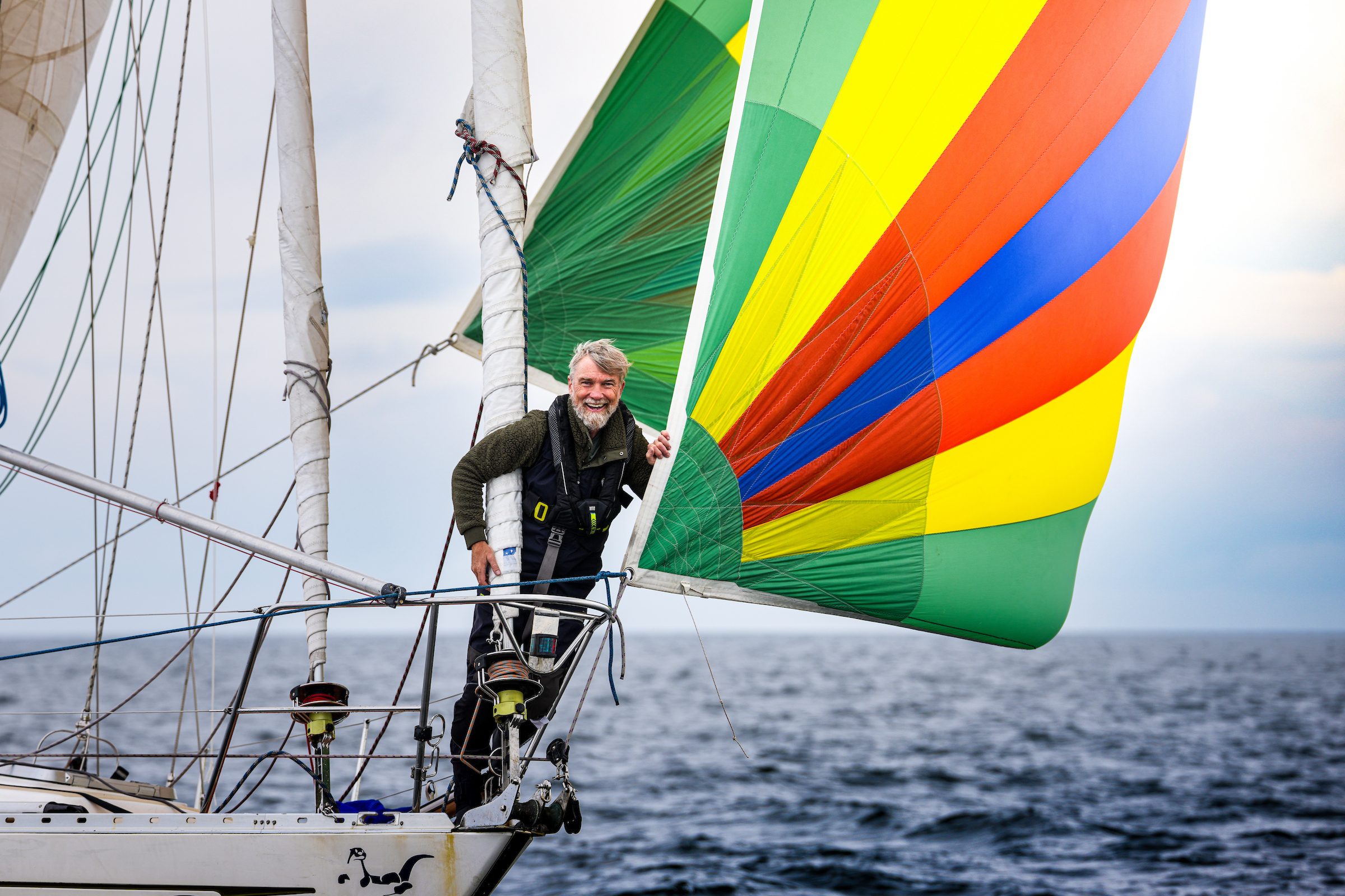 Golden Globe Race skipper Pär Nyman (94 – Sweden) sailing Rustler 36 ‘Lazy Otter’